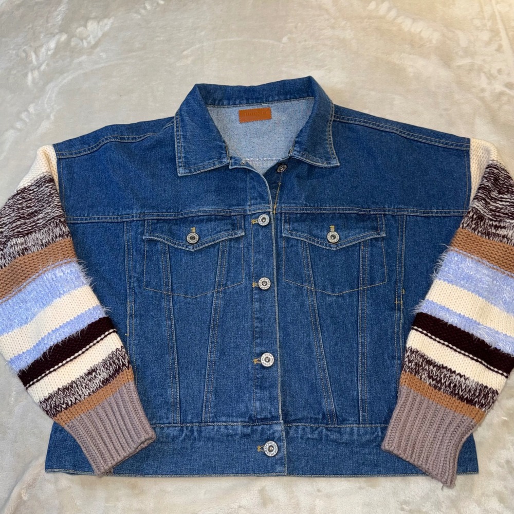 Umgee Denim Jacket Multi Color Knit Striped Sleeves Boho Blue Jean Coat Small